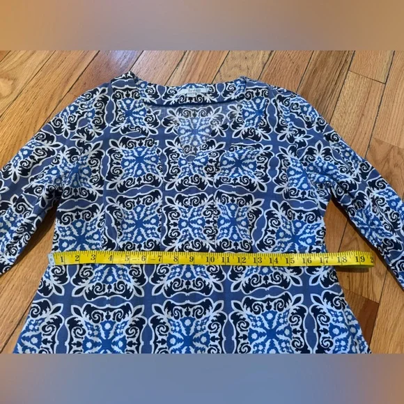 Boden 100% Linen Shift Dress Blue White Geometric Print 3/4 Sleeve Womens Sz 12R - Picture 12 of 13